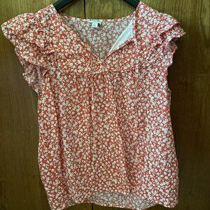 J. Crew Factory pink and white floral ruffle sleeve top- SIZE LARGE